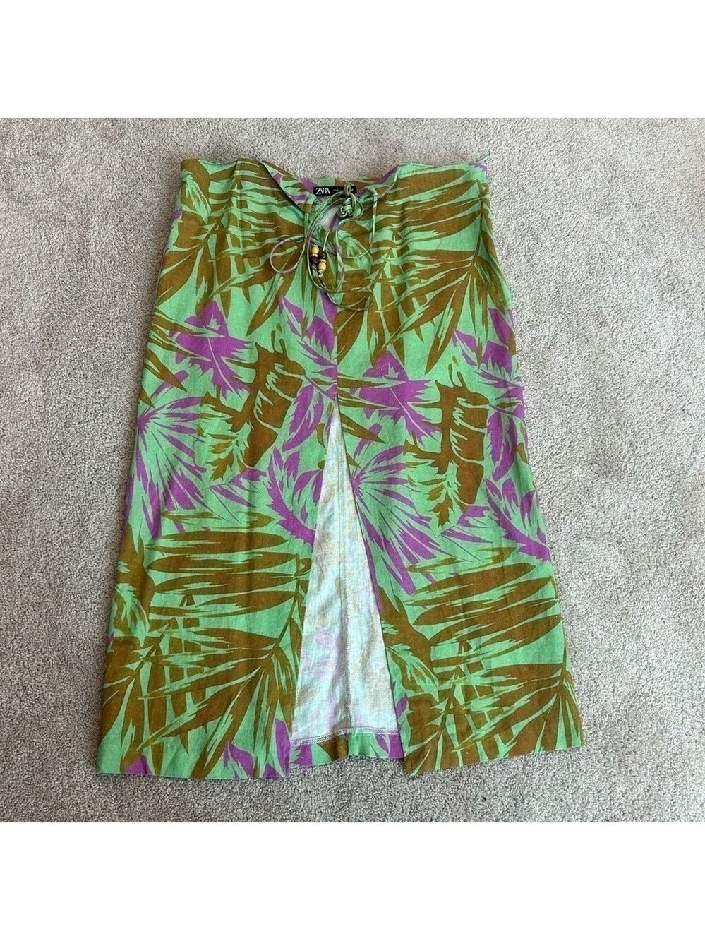 Zara green brown purple leaf print tropical front slit beaded linen tie skirt L